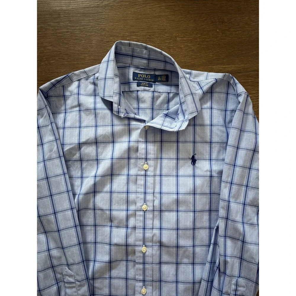 Polo Ralph Lauren Shirt Men 15.5 32/33 Blue Plaid Slim Fit Easy Care Long Sleeve
